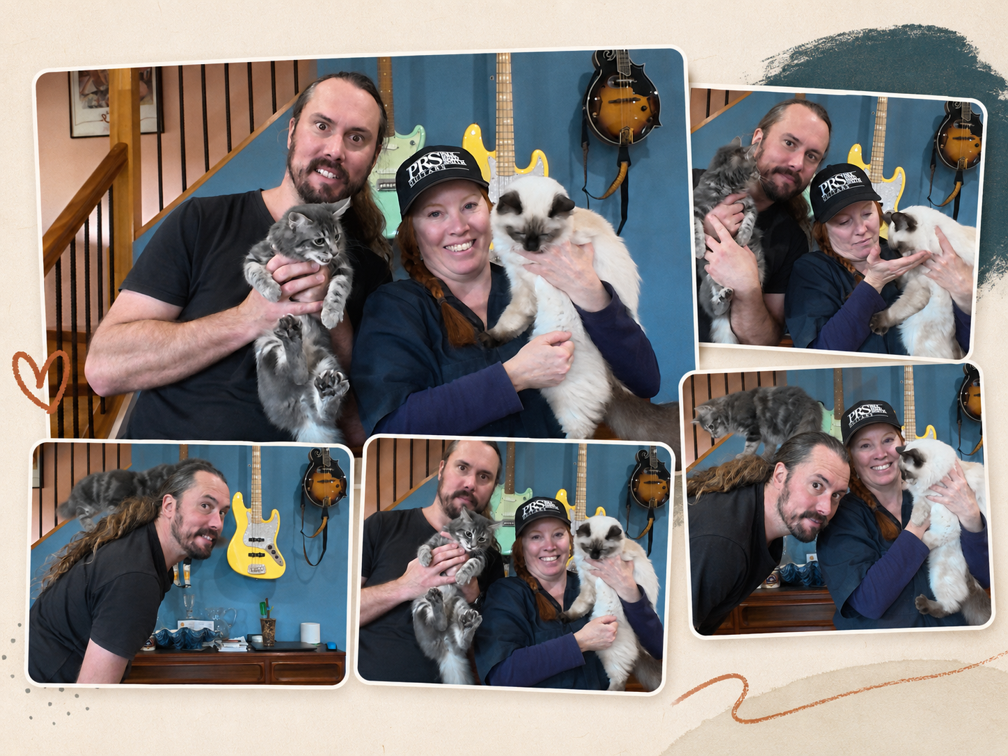 Chris and Laura at home with their cats in front of guitars.