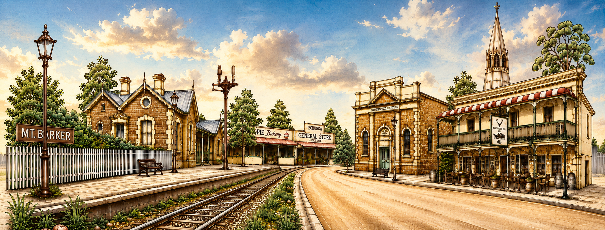 Colour illustrated townscape of Mount Barker